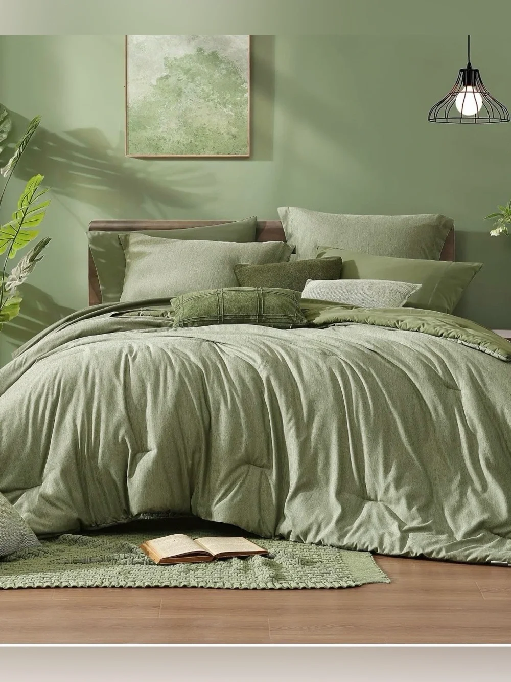 Monbix Olive/Sage Green Queen Comforter Set - 7 Piece All-Season Bedding